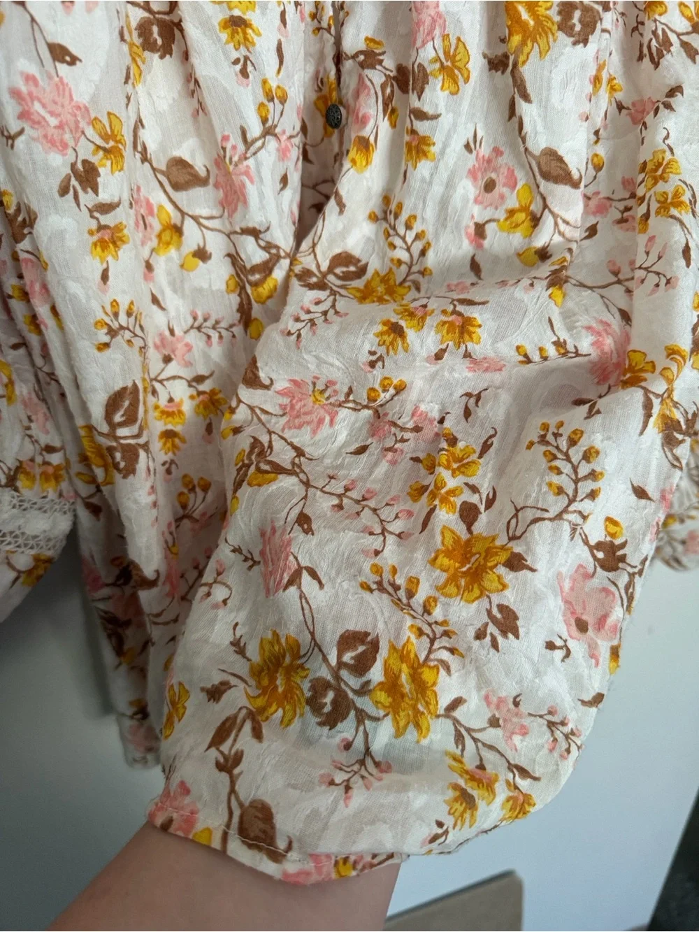 Anthropologie Lace-Trim Puff Sleeve Blouse - White with Pink & yellow Floral